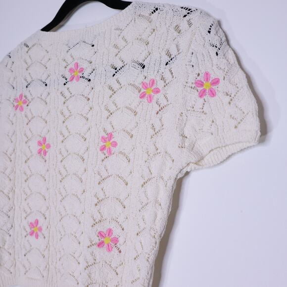 ZARA NEW Floral Crochet Knit Top Ivory Embroidered Short Sleeve Women's S - Picture 8 of 11